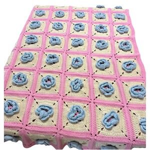 Vintage 3D Rose Square Crochet Blanket Color Handmade Flower 36x56 Pink Blue